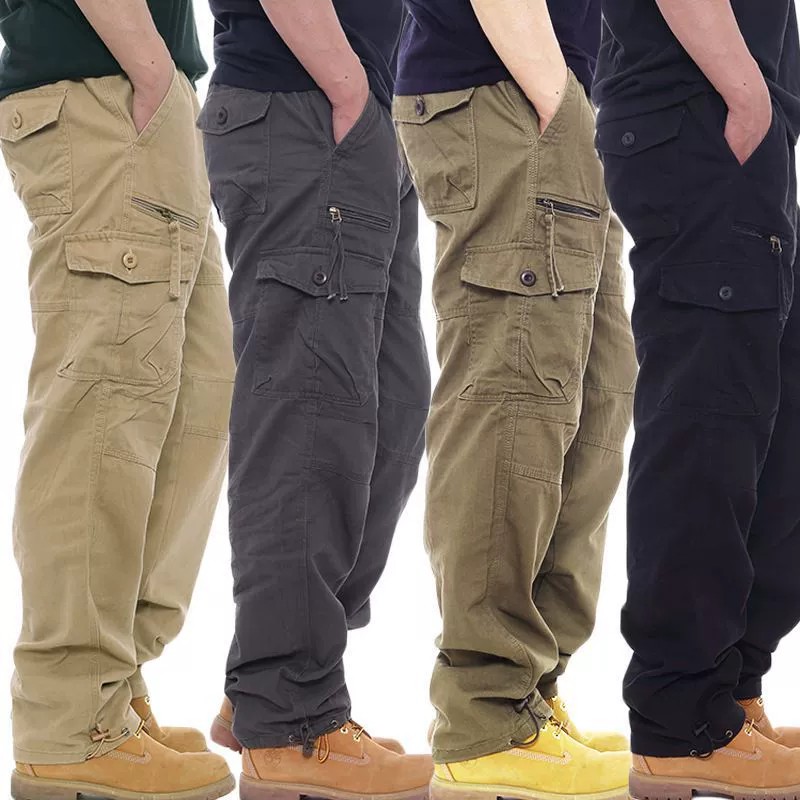 Men's Loose Fit Cotton Pants for Construction Site Work with Multi-Pockets - Model: 779876745579
