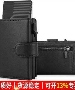Men's Crazy Horse Leather Card Case with Carbon Fiber and AirTag - Model: 816028004558