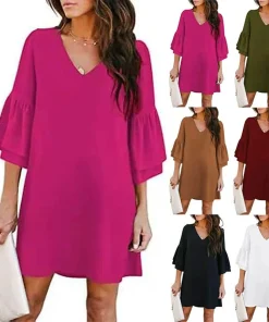 Women's Solid Color V-Neck Loose Dress for Daily Commuter, Petal Sleeve, Pullover - Model: 1066219990368