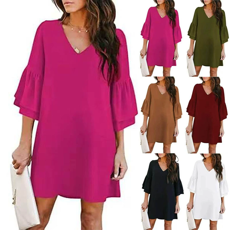 Women's Solid Color V-Neck Loose Dress for Daily Commuter, Petal Sleeve, Pullover - Model: 1066219990368