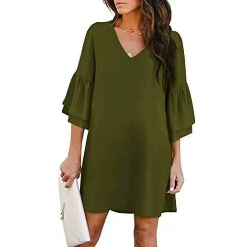 Women's Solid Color V-Neck Loose Dress for Daily Commuter, Petal Sleeve, Pullover - Model: 1066219990368 - 图片 4