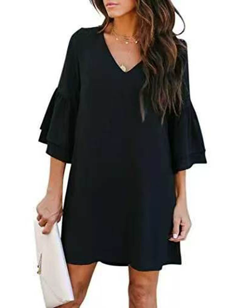 Women's Solid Color V-Neck Loose Dress for Daily Commuter, Petal Sleeve, Pullover - Model: 1066219990368 - 图片 7