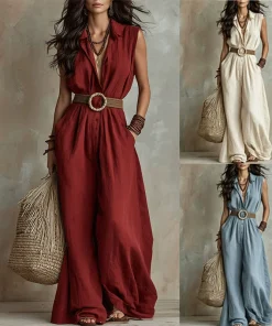 Summer Vacation Sleeveless Jumpsuit for Women, Wide-Leg Casual Long Pants - Model: 1047136014484