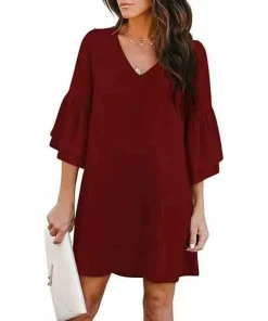 Alternative view of Women's Solid Color V-Neck Loose Dress for Daily Commuter, Petal Sleeve, Pullover - Model: 1066219990368