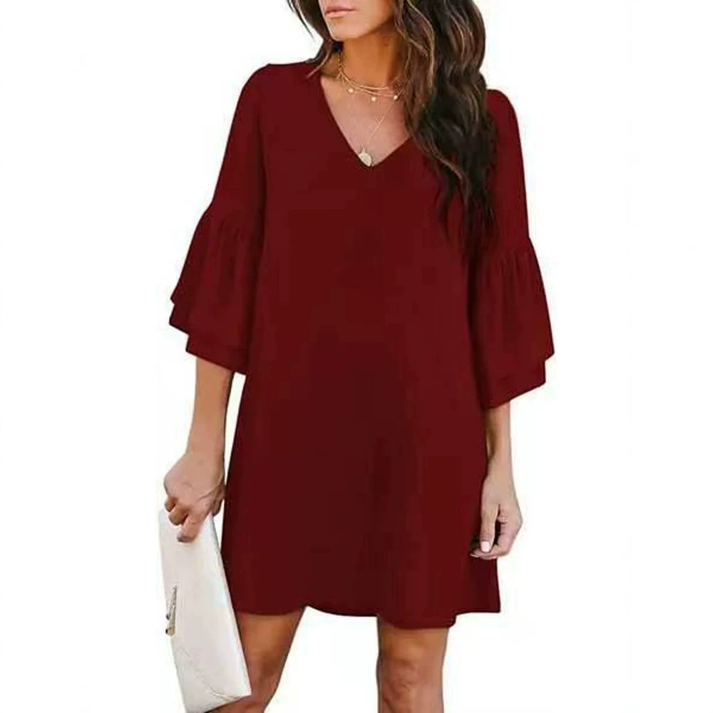 Women's Solid Color V-Neck Loose Dress for Daily Commuter, Petal Sleeve, Pullover - Model: 1066219990368 - 图片 2