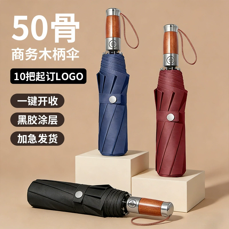 Windproof Umbrella for Rain and Sun with Wood Handle - Model: 1009484962537