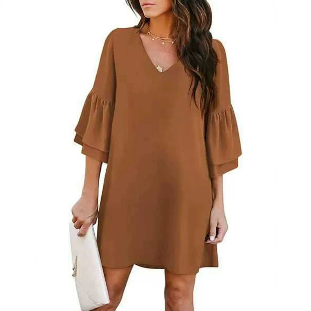 Women's Solid Color V-Neck Loose Dress for Daily Commuter, Petal Sleeve, Pullover - Model: 1066219990368 - 图片 3