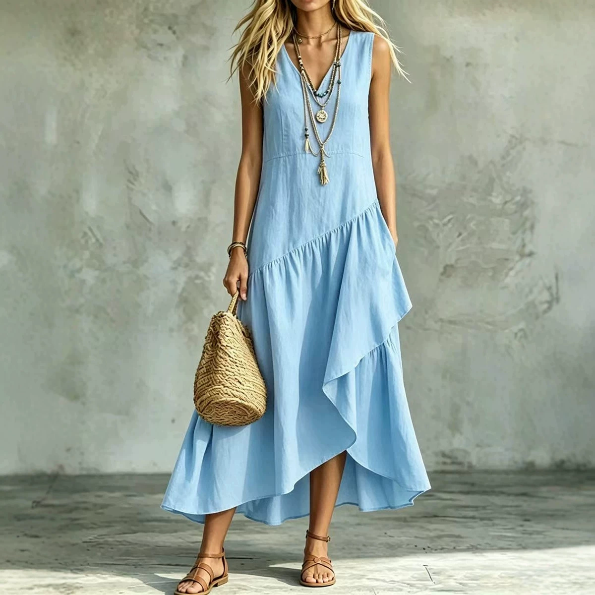 Casual Summer Maxi Dress for Women Sleeveless V-Neck Bohemian Style - Model: 1050616104709 - 图片 4
