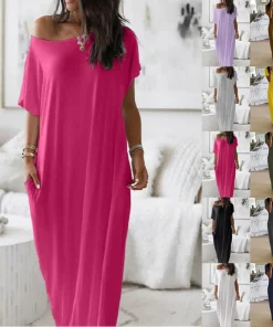 Casual Loose Fit Solid Color Dress for Summer Commute - Model: 1042331365455
