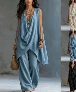 Women's Sleeveless Two-Piece Outfit for Date Night with Wide-Leg Pants - Model: 1048985328704