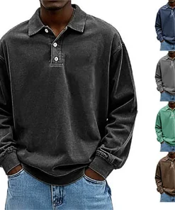 Breathable Men's Polo Shirt for Daily Wear, Machine Washable, Long Sleeve, Spring - Model: 894013780371