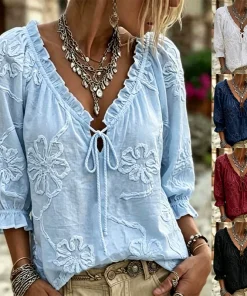 Elegant Commute Shirt for Office with Ruffle Trim and Tie-front - Model: 1066752558389