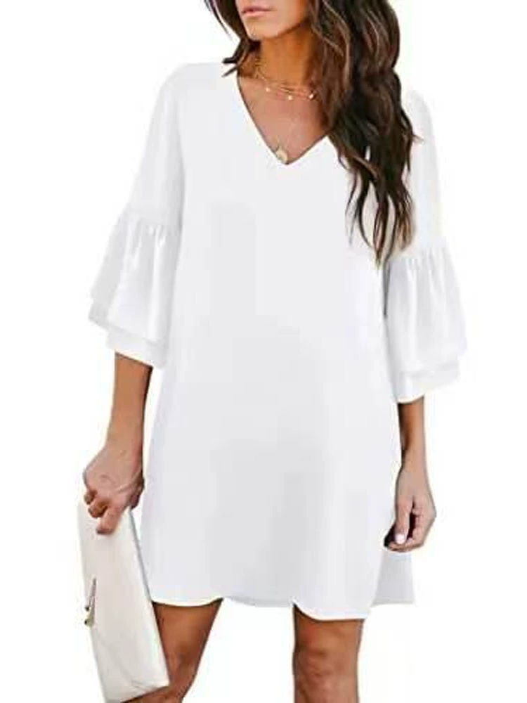 Women's Solid Color V-Neck Loose Dress for Daily Commuter, Petal Sleeve, Pullover - Model: 1066219990368 - 图片 6