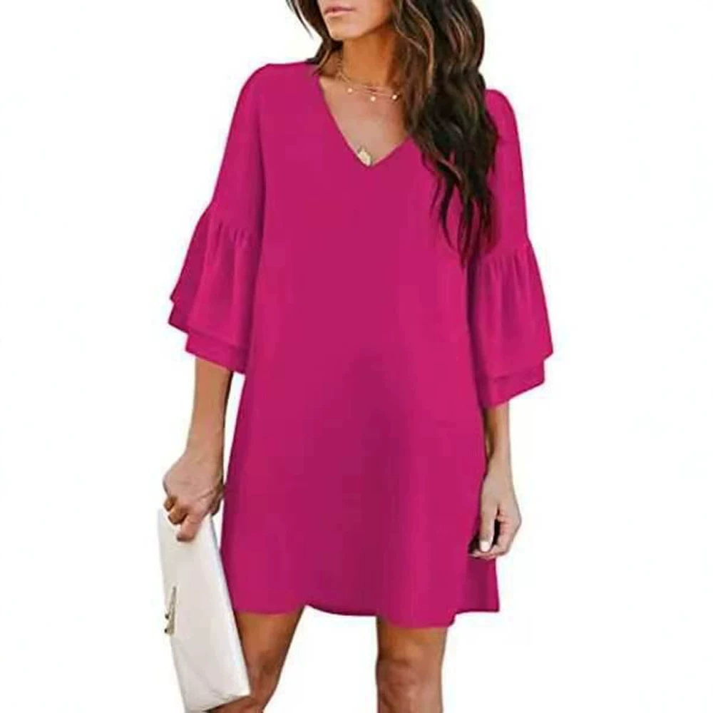Women's Solid Color V-Neck Loose Dress for Daily Commuter, Petal Sleeve, Pullover - Model: 1066219990368 - 图片 5
