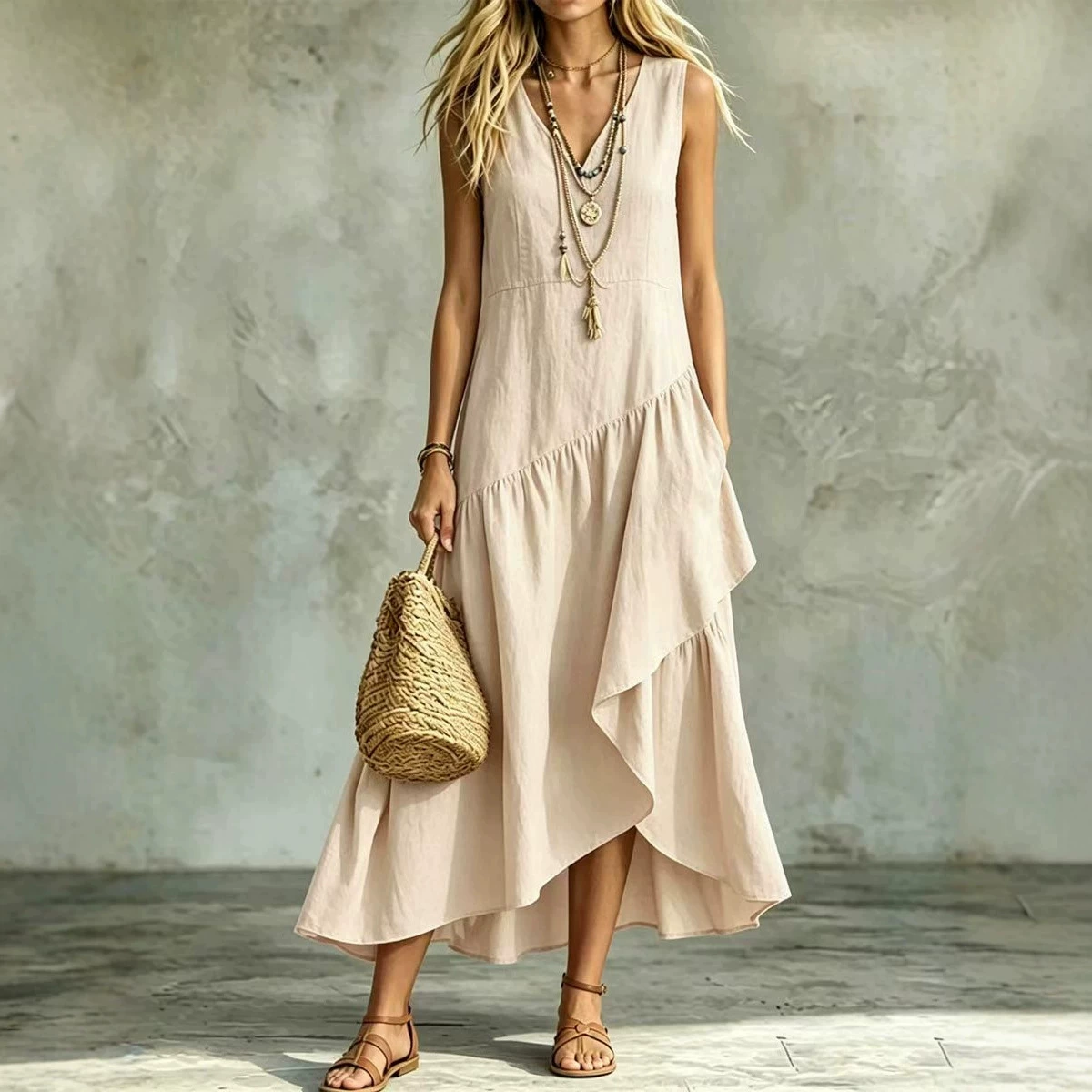 Casual Summer Maxi Dress for Women Sleeveless V-Neck Bohemian Style - Model: 1050616104709 - 图片 3