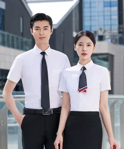 Alternative view of Men's White Short Sleeve Shirt for Office Work Wrinkle-Free Cotton Blend with Spread Collar - Model: 722406404451