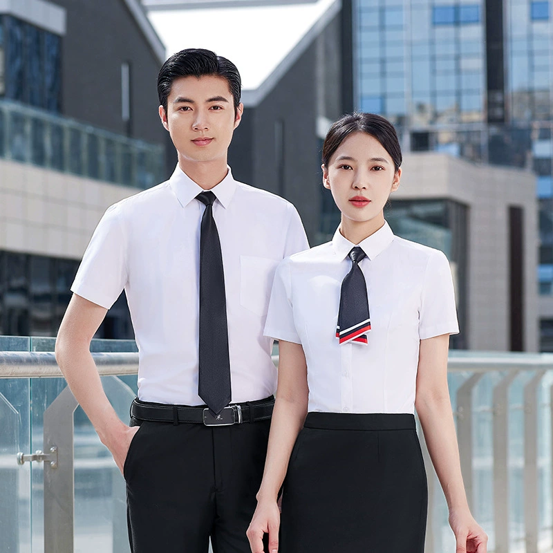 Men's White Short Sleeve Shirt for Office Work Wrinkle-Free Cotton Blend with Spread Collar - Model: 722406404451 - 图片 2
