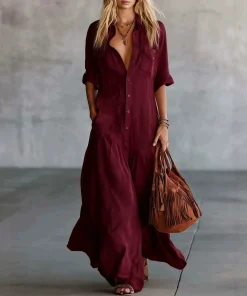 Alternative view of Casual Solid Color Shirt Dress for Daily Wear Vacation Striped High Waist - Model: 1055828386271