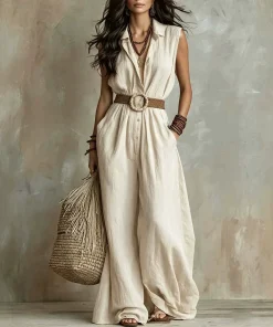 Alternative view of Summer Vacation Sleeveless Jumpsuit for Women, Wide-Leg Casual Long Pants - Model: 1047136014484