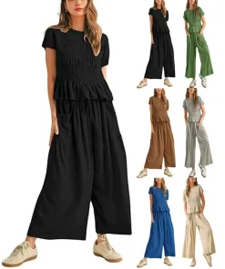 Casual Summer Outfit for Women with Pleated High Waist Wide Leg Pants - Model: 1033888302399