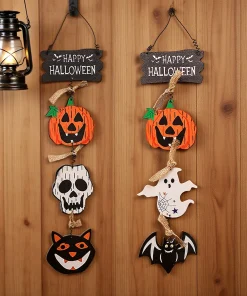 Alternative view of Halloween Door Hanging Wooden Pumpkin Ghost Ornament for Party Gathering - Model: 728179298545