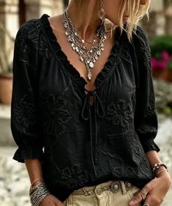 Alternative view of Elegant Commute Shirt for Office with Ruffle Trim and Tie-front - Model: 1066752558389