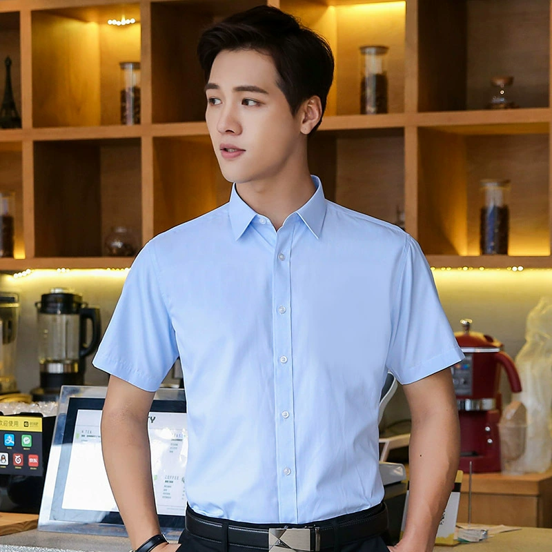Men's White Short Sleeve Shirt for Office Work Wrinkle-Free Cotton Blend with Spread Collar - Model: 722406404451 - 图片 9