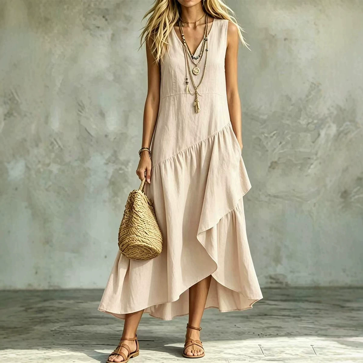 Casual Summer Maxi Dress for Women Sleeveless V-Neck Bohemian Style - Model: 1050616104709 - 图片 5
