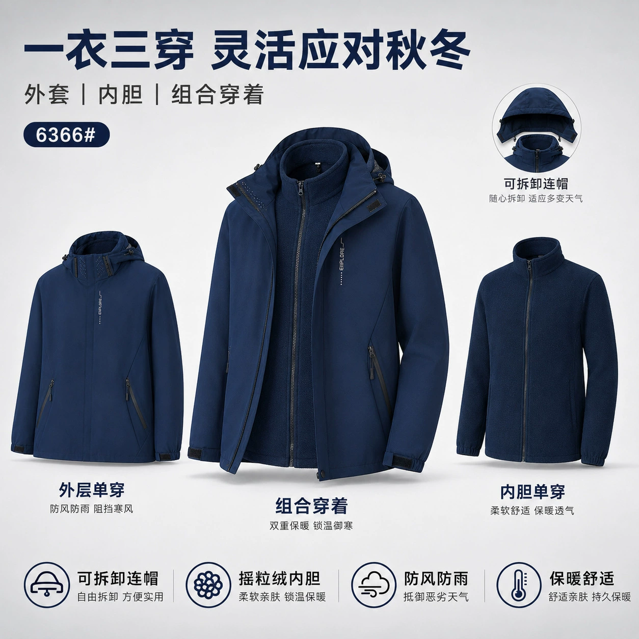 Unisex 3-in-1 Fleece Jacket for Winter Hiking and Camping - Model: 1065388459289 - 图片 2